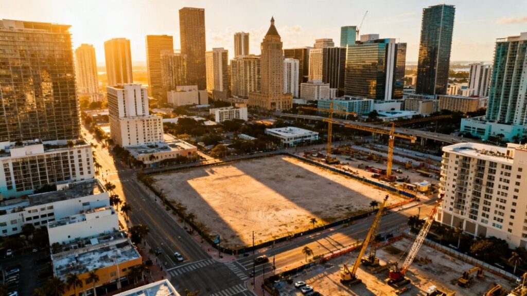 Downtown Miami cityscape with a vacant lot on Flagler Street.