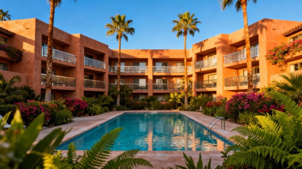 Apartment complex near Fort Lauderdale with palm trees.