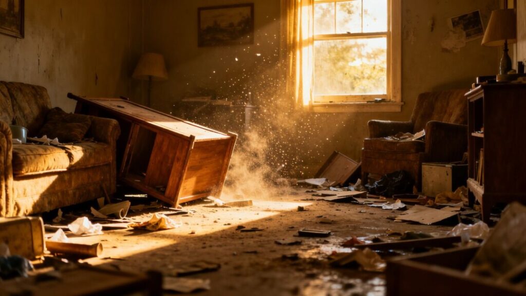 Interior of a trashed Florida rental home with overturned furniture and debris.