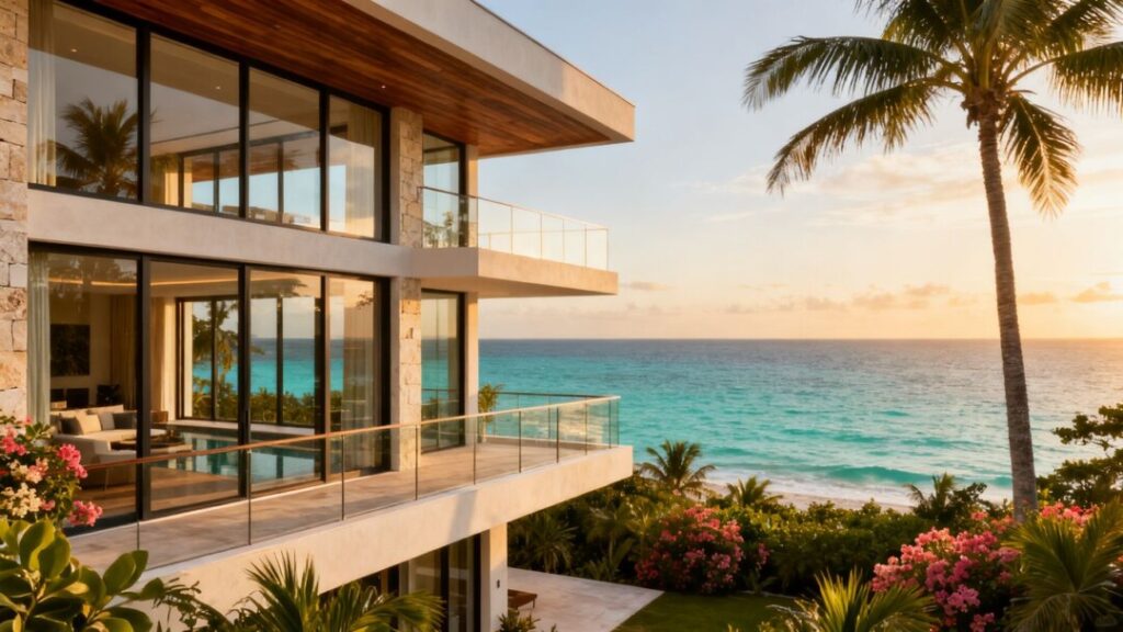Oceanfront surf club residence with modern architecture and tropical landscaping.