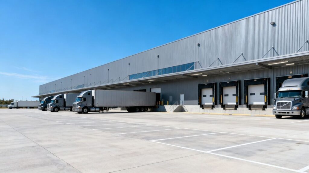 Industrial warehouse with trucks and parking lot.