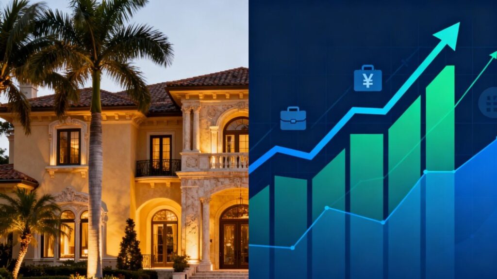 Florida mansion and rising stock market graphic.