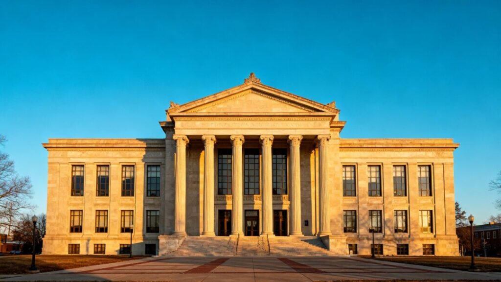 Historic Miami courthouse building exterior, no bids at auction.