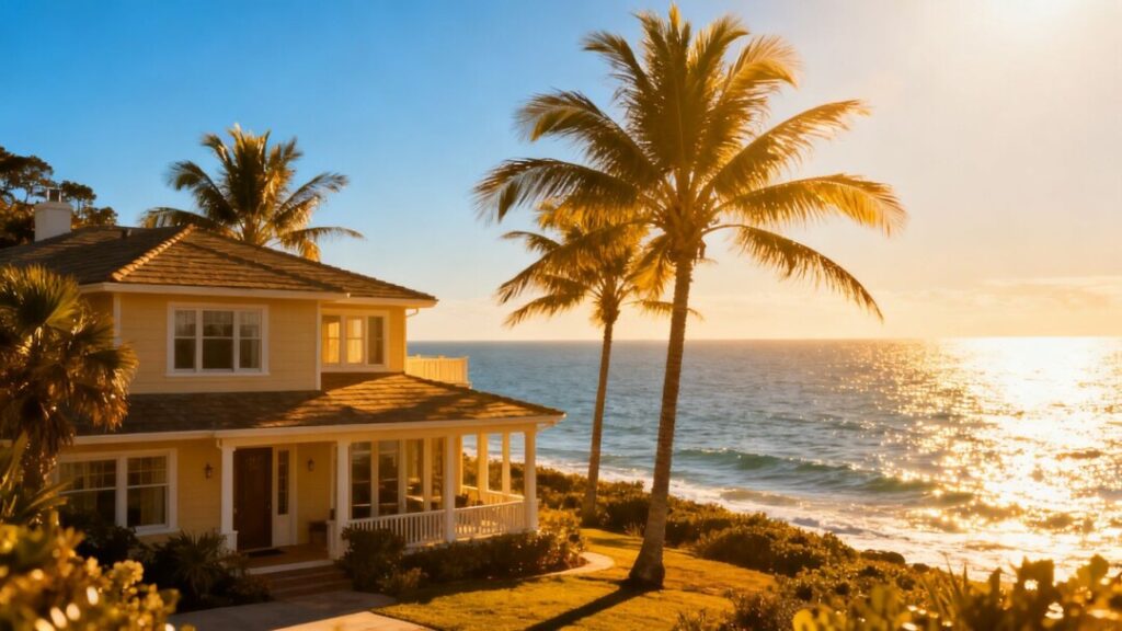Florida coastline with a house and palm trees.