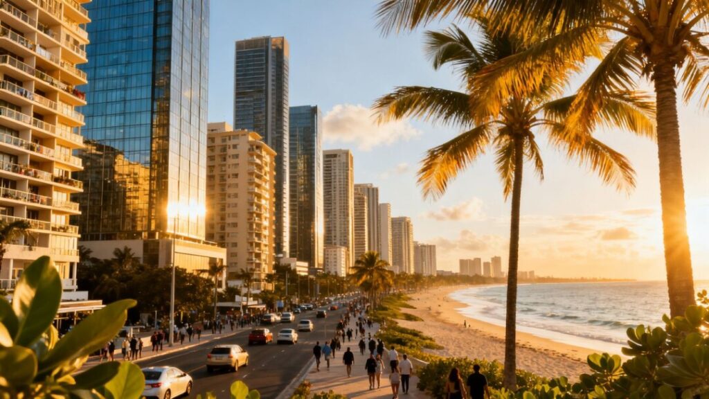 Florida cityscape with skyscrapers and coastline.
