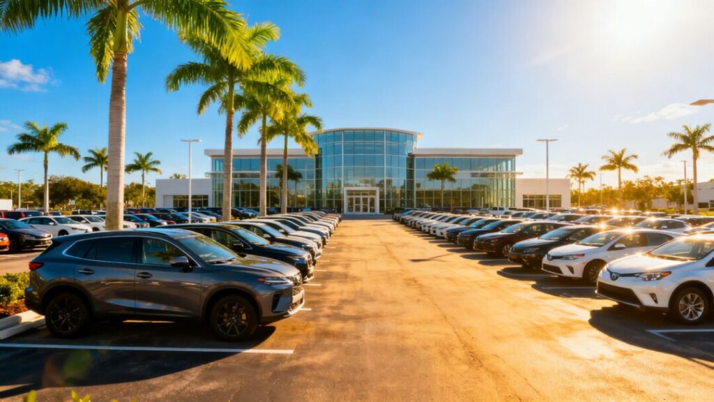 West Palm Beach dealership with cars and palm trees.
