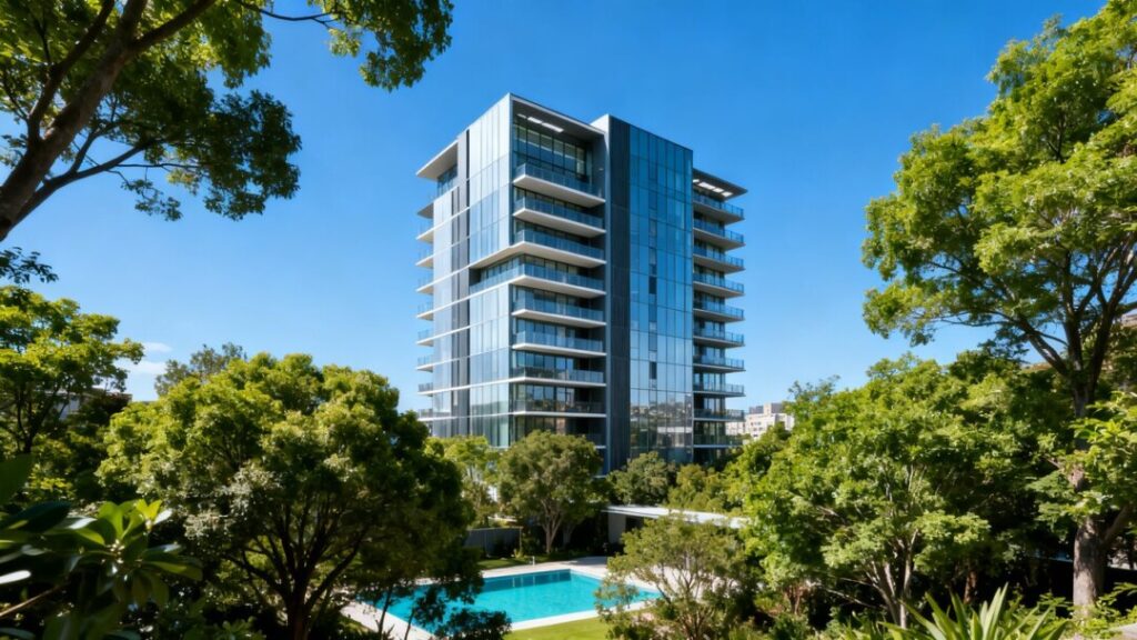 Luxury apartment building with trees and pool.