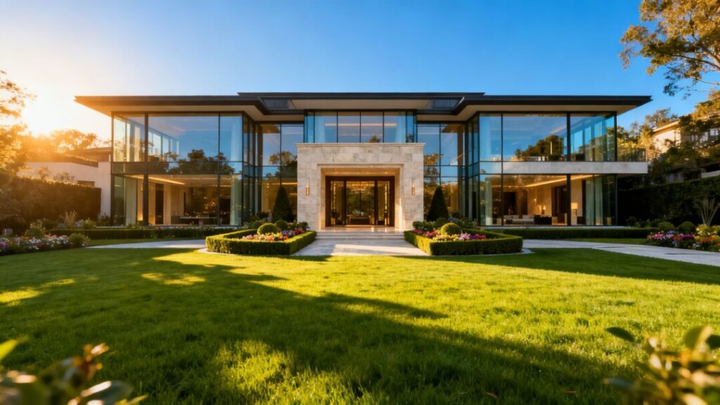 Luxurious mansion with large windows and manicured lawn.