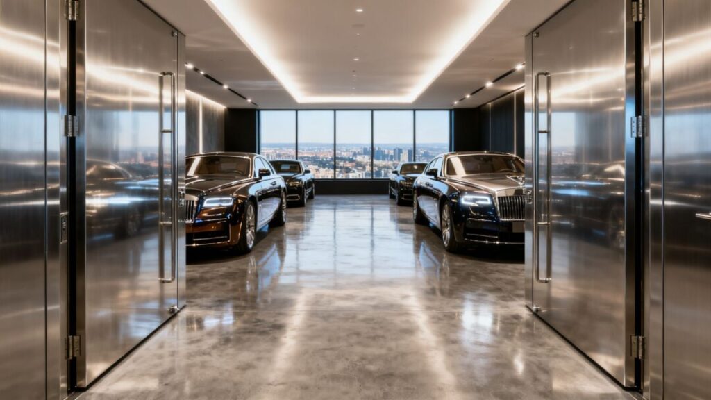 Luxury car garage with expensive vehicles and modern design.