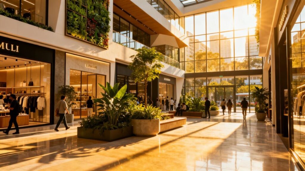 Modern shopping mall with people and storefronts.