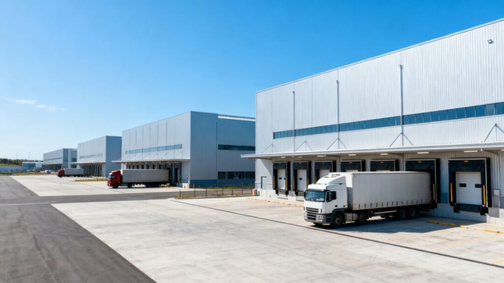 Miami industrial complex with warehouses and trucks.