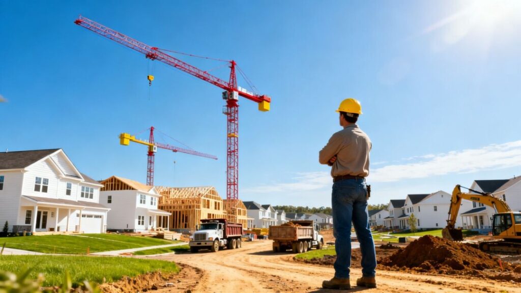 Florida homes under construction with cranes and equipment.