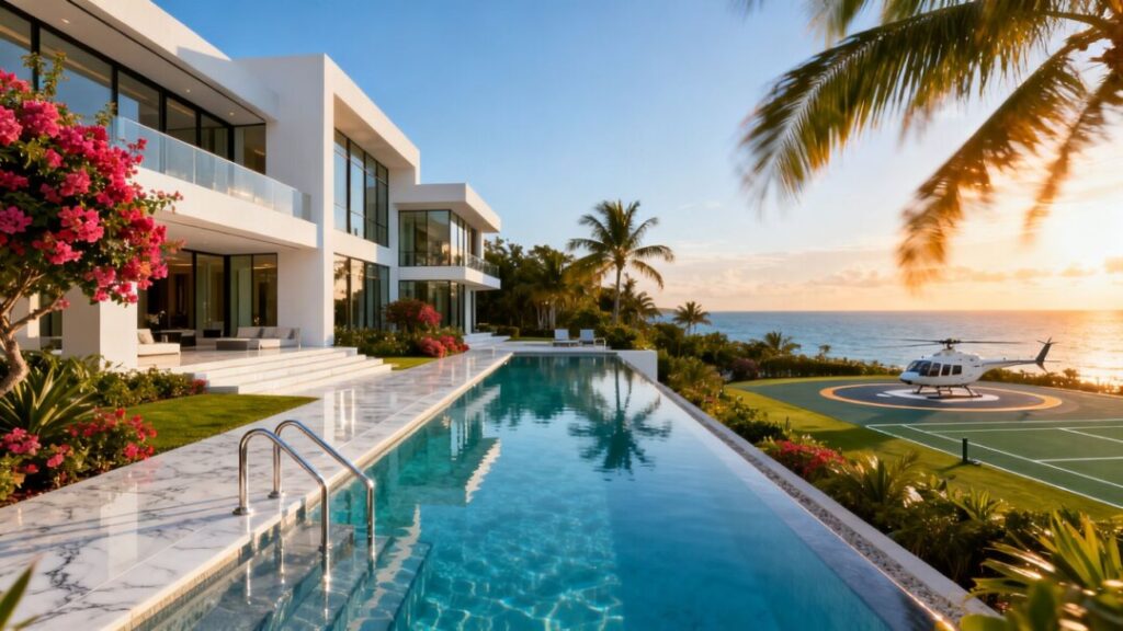 Luxury Florida mansion with pool and palm trees.