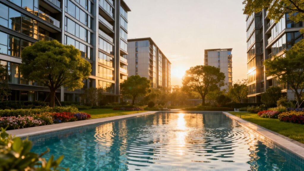 Modern apartment complex with pool and landscaping.