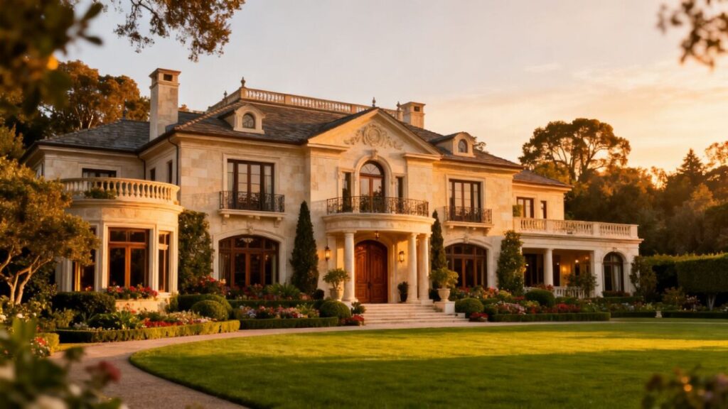 Elegant Hillsborough mansion with gardens and a grand facade.