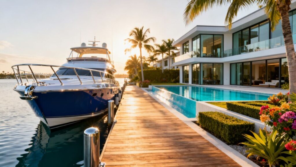 Fort Lauderdale waterfront mansion with yacht and clear blue water.