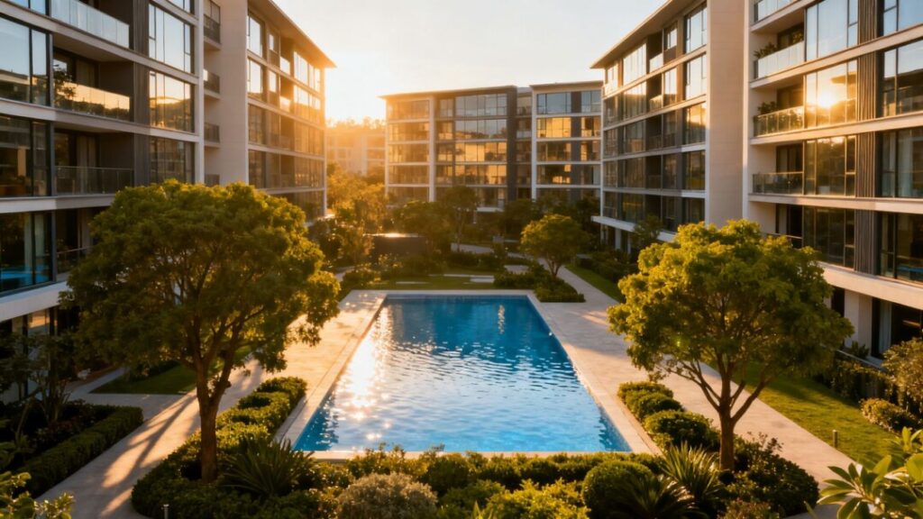 Pompano Beach apartment complex with pool and landscaping.