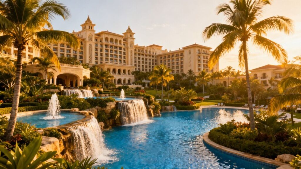 Grande Lakes Orlando Resort with pools and palm trees.