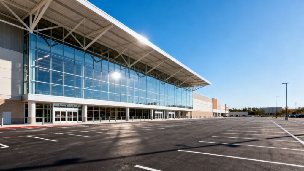 Modern retail building with large parking lot.