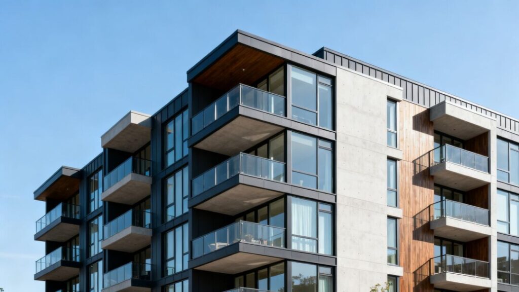 New condominium building with balconies.