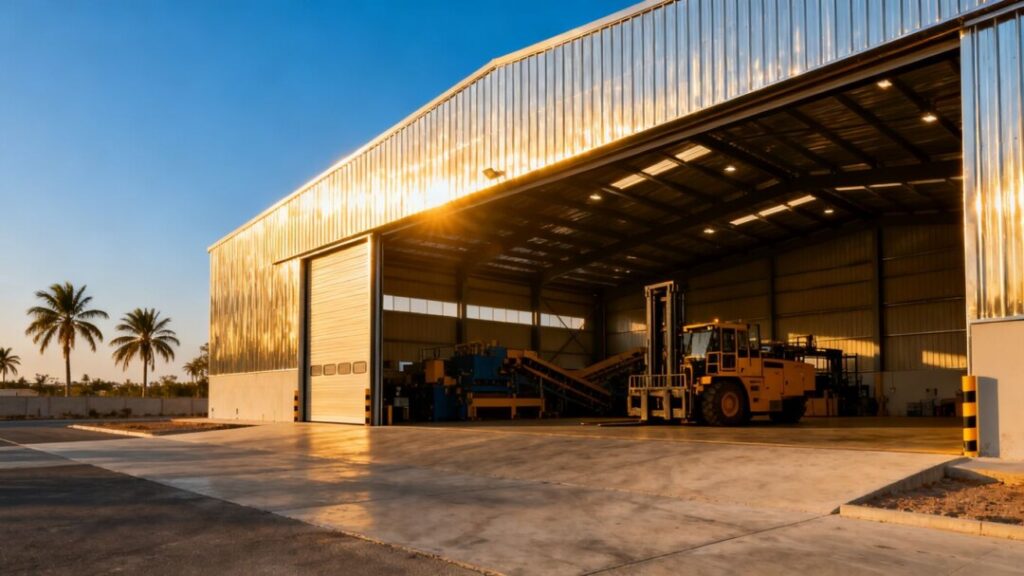 Modern industrial warehouse in Miami-Dade under a clear sky.