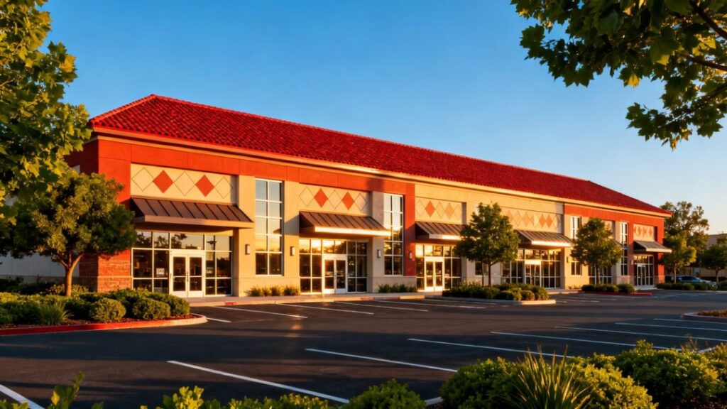 Brandon Oaks Plaza retail building exterior with red roof.