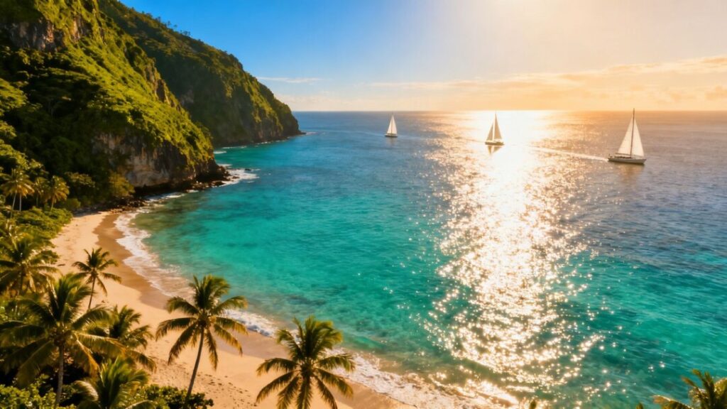 Hawaii coastline with turquoise waters and palm trees.