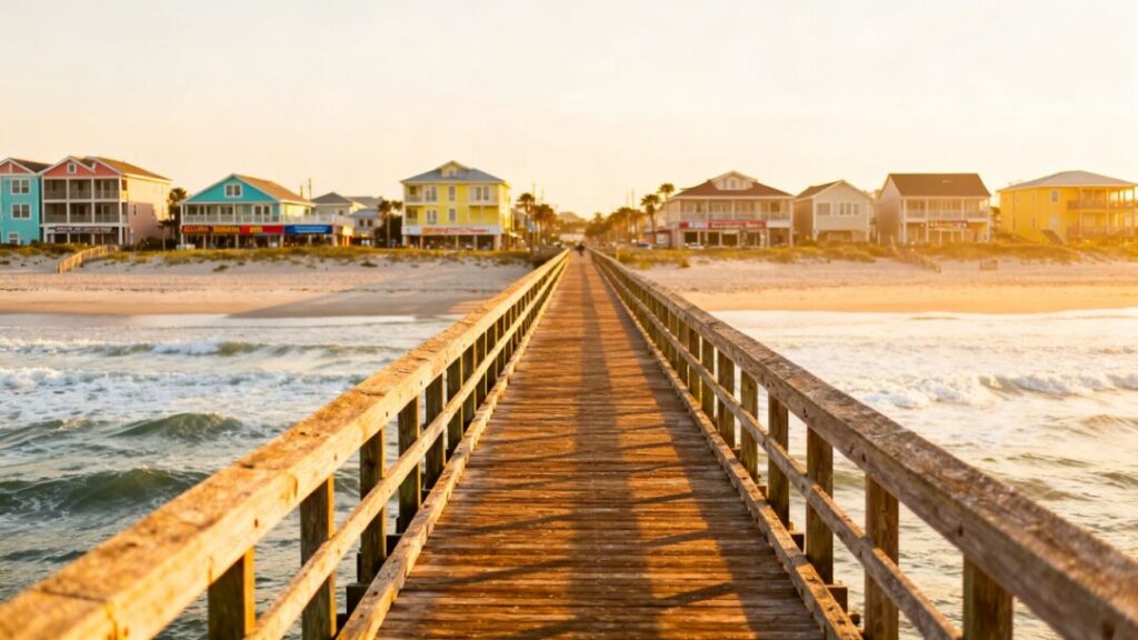 Jacksonville Beach pier and coastline with beach houses.