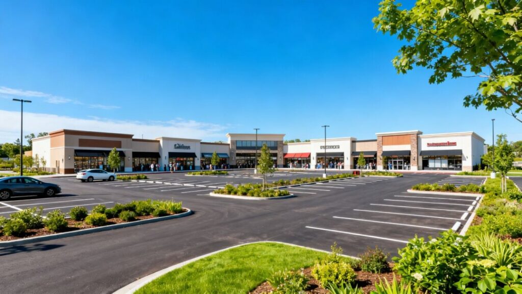 Kansas City shopping center with storefronts and parking lot.