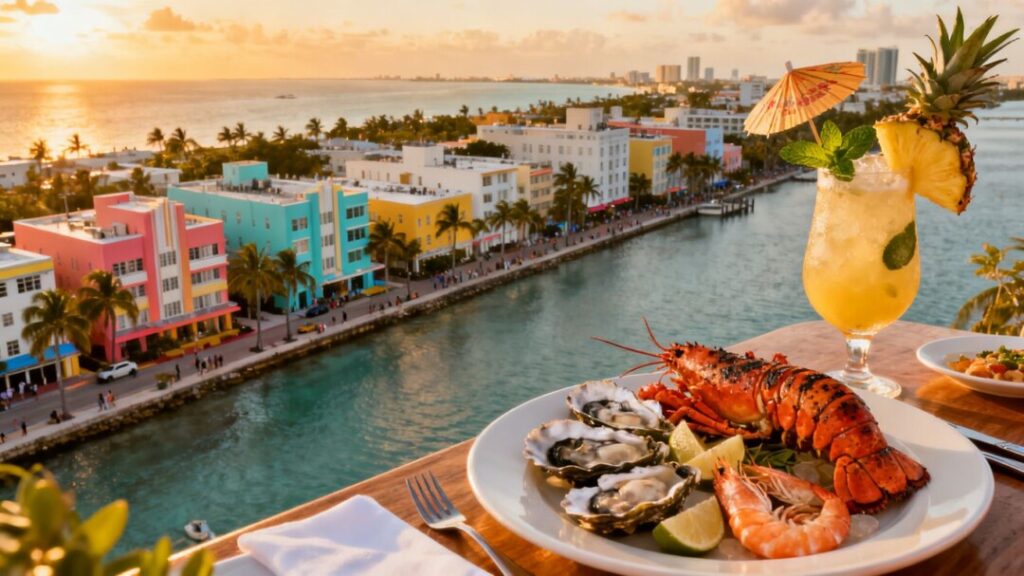 Miami skyline and gourmet food plate.