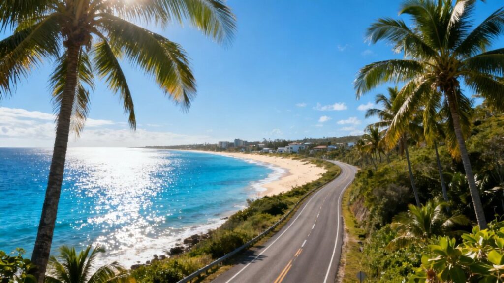 Coastal highway with palm trees and ocean views.