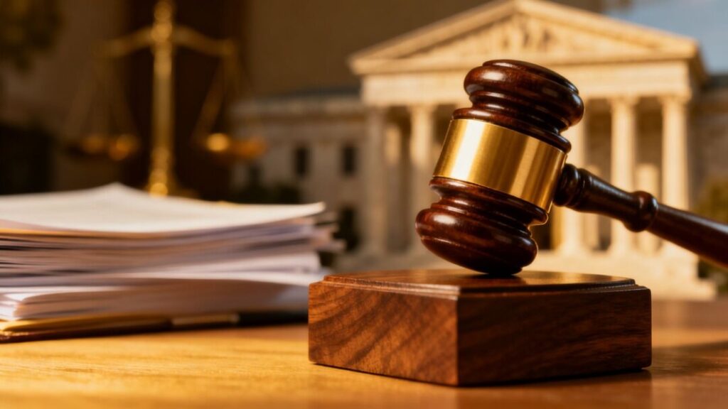 Gavel striking block in courtroom setting.