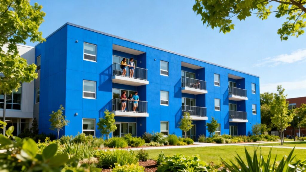 Modern student housing complex with blue facade.