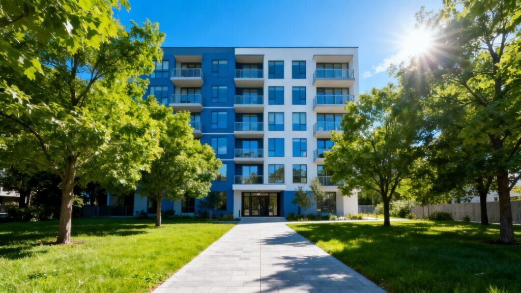 Jasmine Cove Apartments building exterior with trees and walkway.