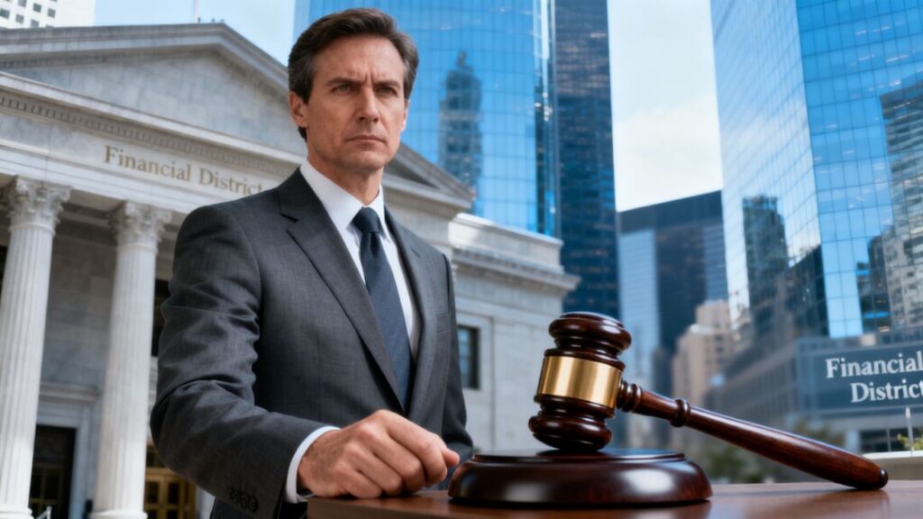 Man in suit at courthouse with gavel.