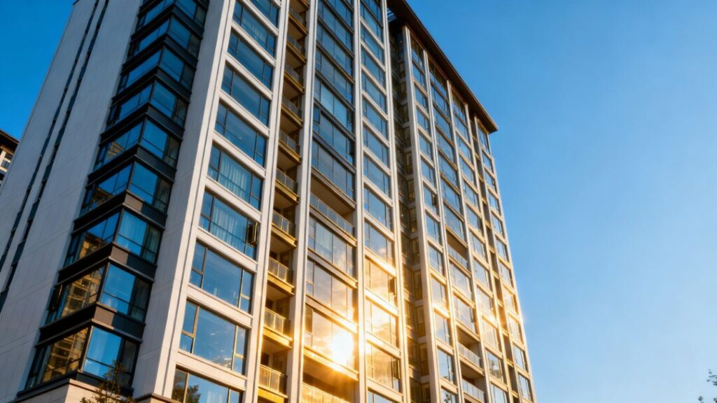 Modern apartment tower with many windows against a clear sky.