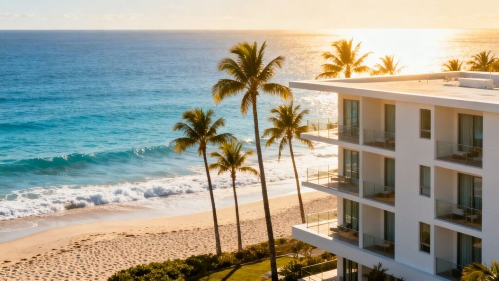 Beachfront hotel with palm trees and ocean view.
