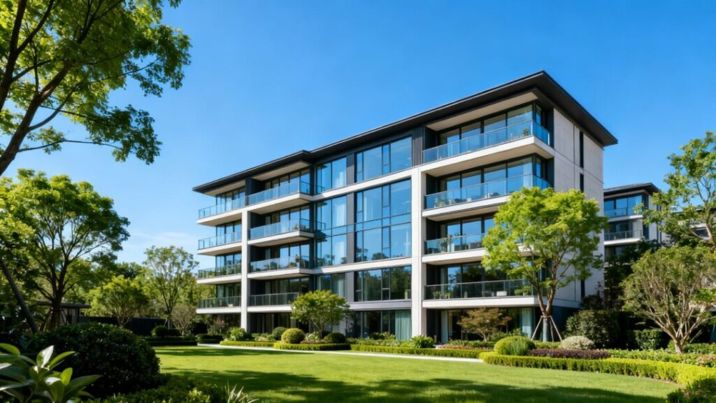 Luxury apartment building with modern architecture and landscaping.