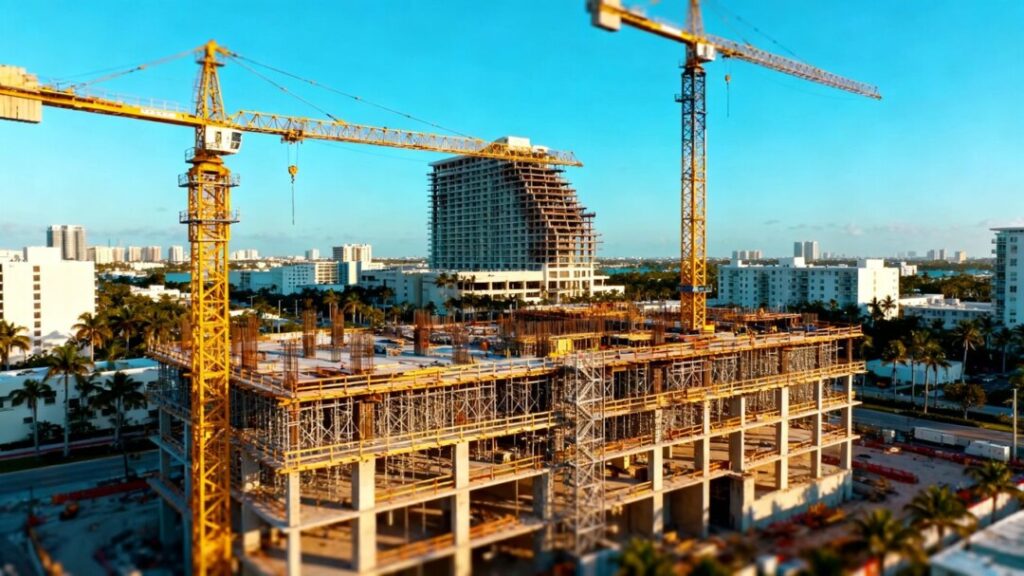 Miami Worldcenter hotel construction site with cranes.
