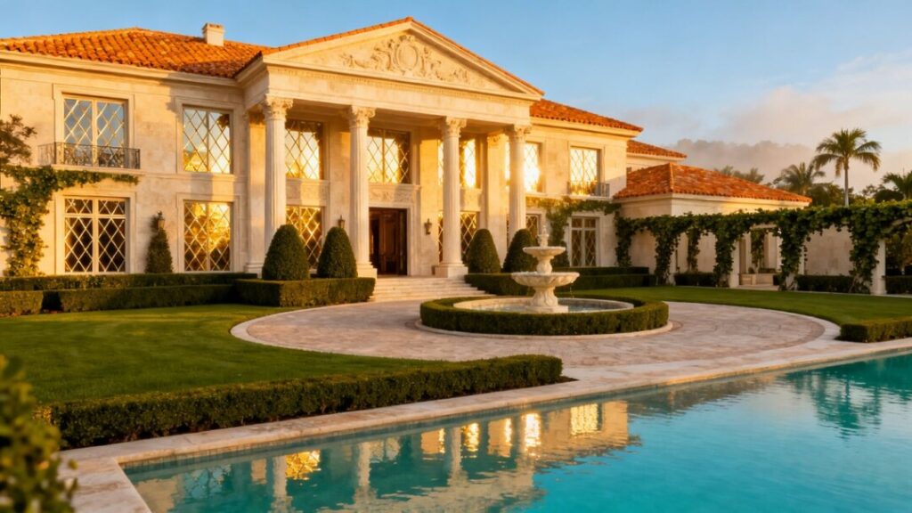 Palm Beach mansion with green lawn and blue sky.
