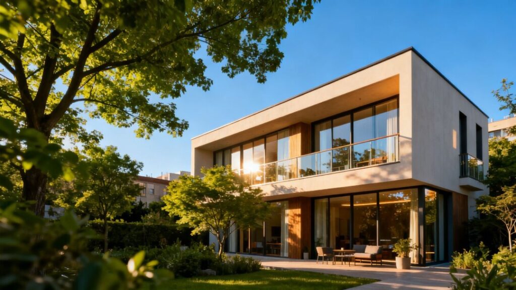 Modern apartment building exterior with trees and blue sky.