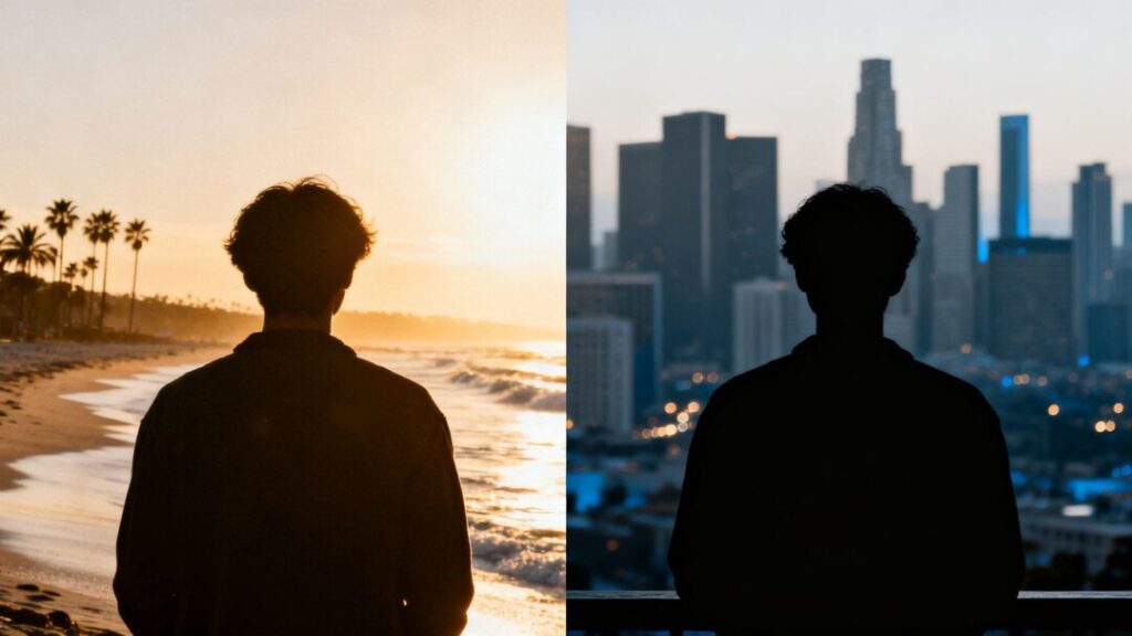 Washington skyline versus Florida beach scene.