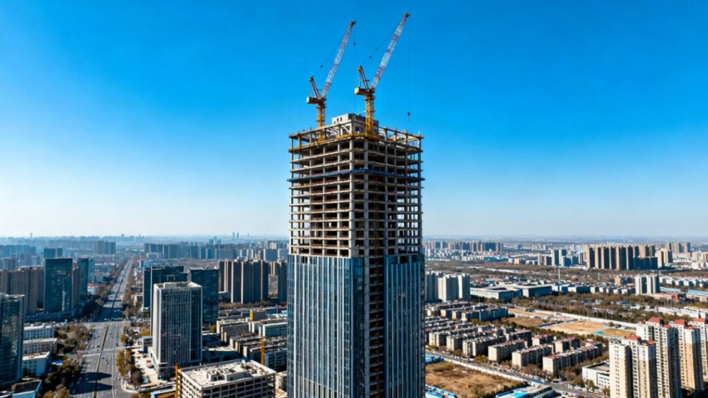 Unfinished West Palm Point Tower construction site with cranes.