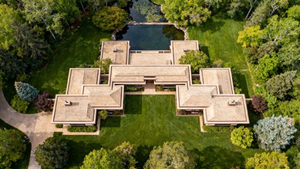 Aerial view of Frank Lloyd Wright Usonian homes in Michigan.