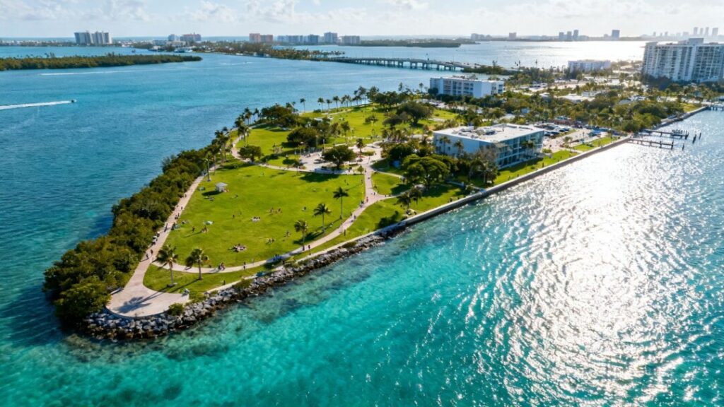 Virginia Key waterfront in Miami with blue water and green spaces.