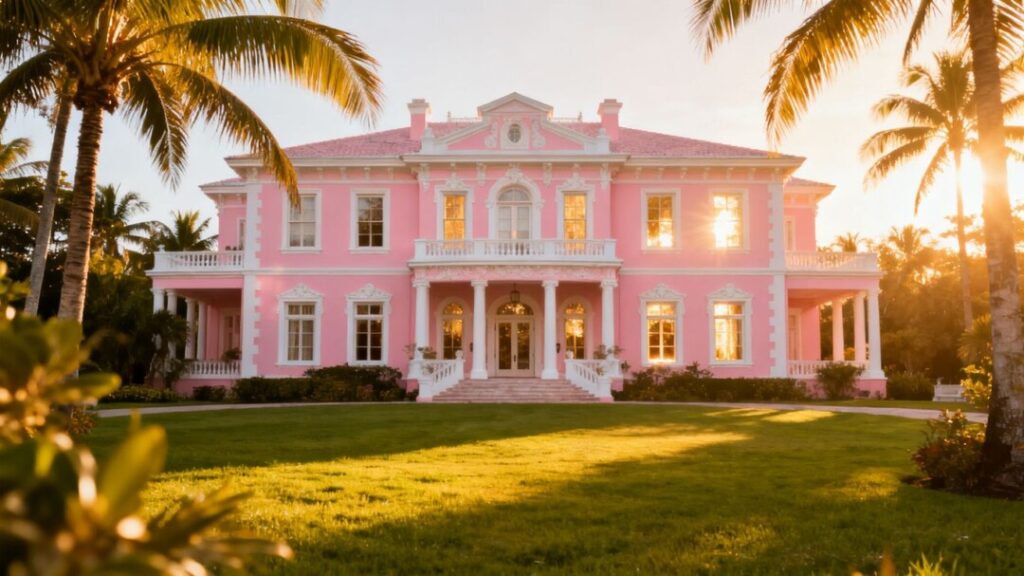 Iconic pink Ham and Cheese House mansion in Palm Beach.
