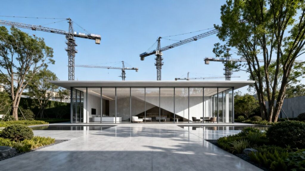 Seventeen Gables sales gallery with construction in background.