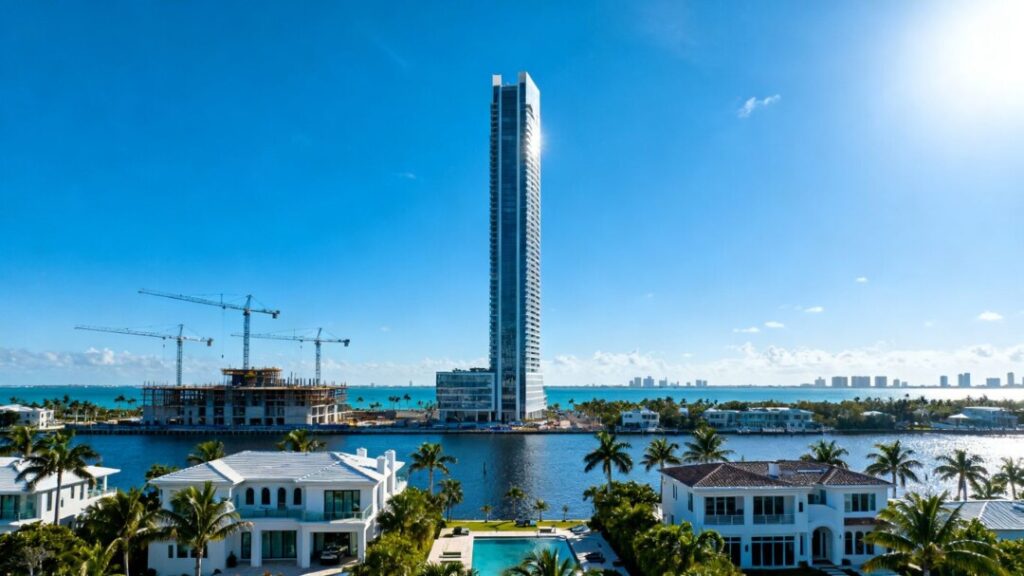 Fort Lauderdale skyline with luxury buildings and cranes.