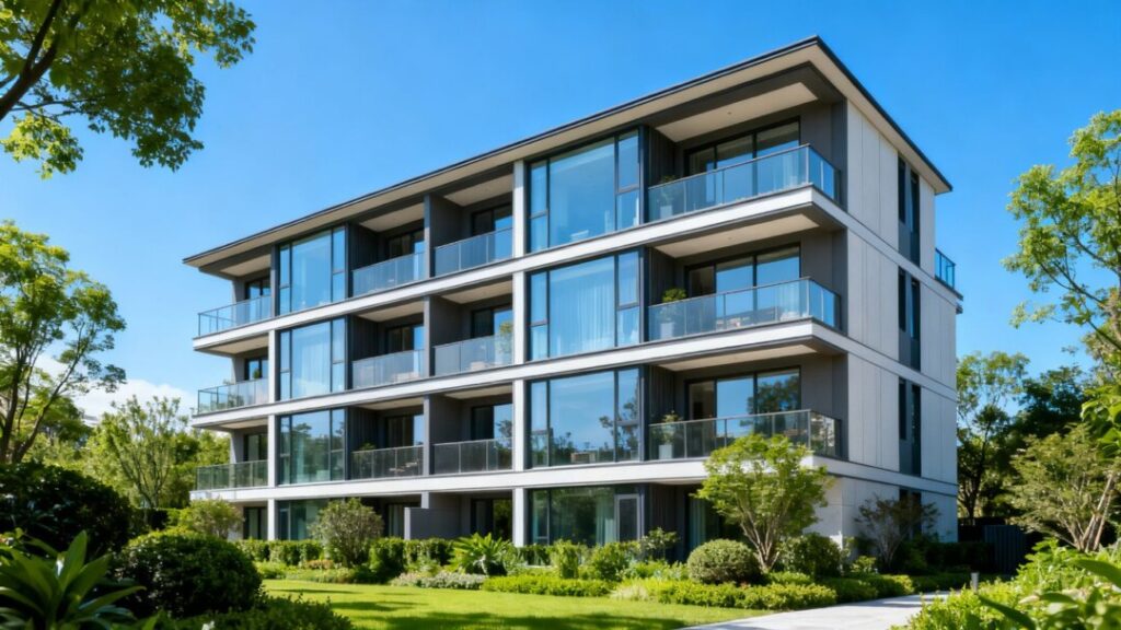 Luxury apartment building in Miami with green landscaping.