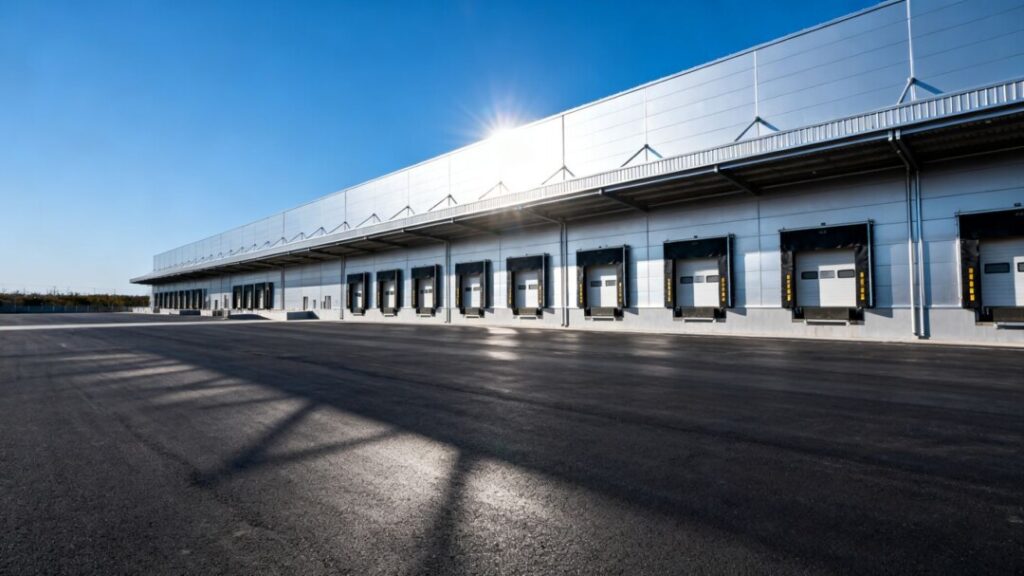 Large industrial warehouse with loading docks and paved lot.